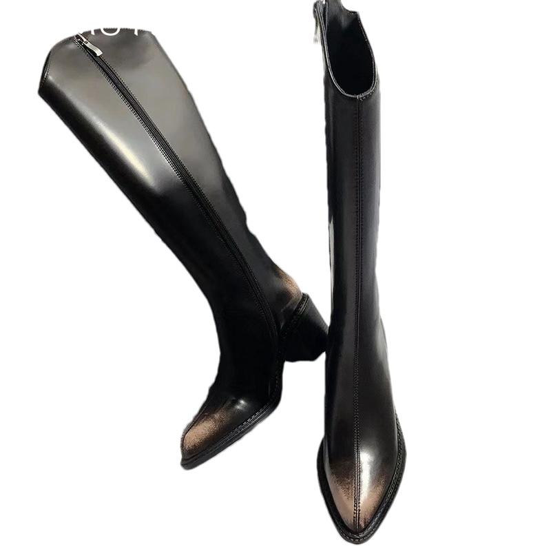 Cizme înalte de damă cu vârf ascuțit, din piele, cu toc gros, la modă, sexy, cu toc înalt, pantofi, tendință 2025, Goth, Gladiator, Pumps, Iarnă, Nou, Botas Mujer