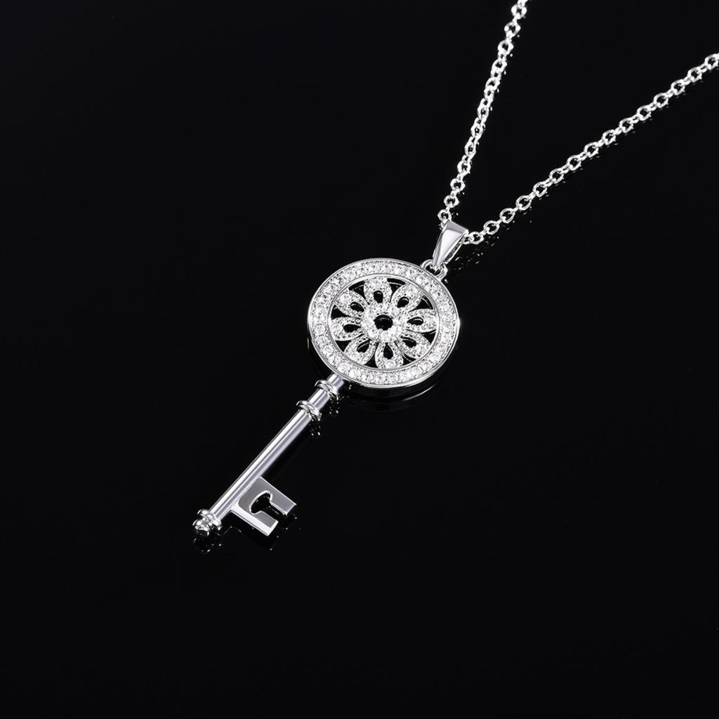 Hollow Floral Circle Key Pendant Cubic Zirconia Long Necklace