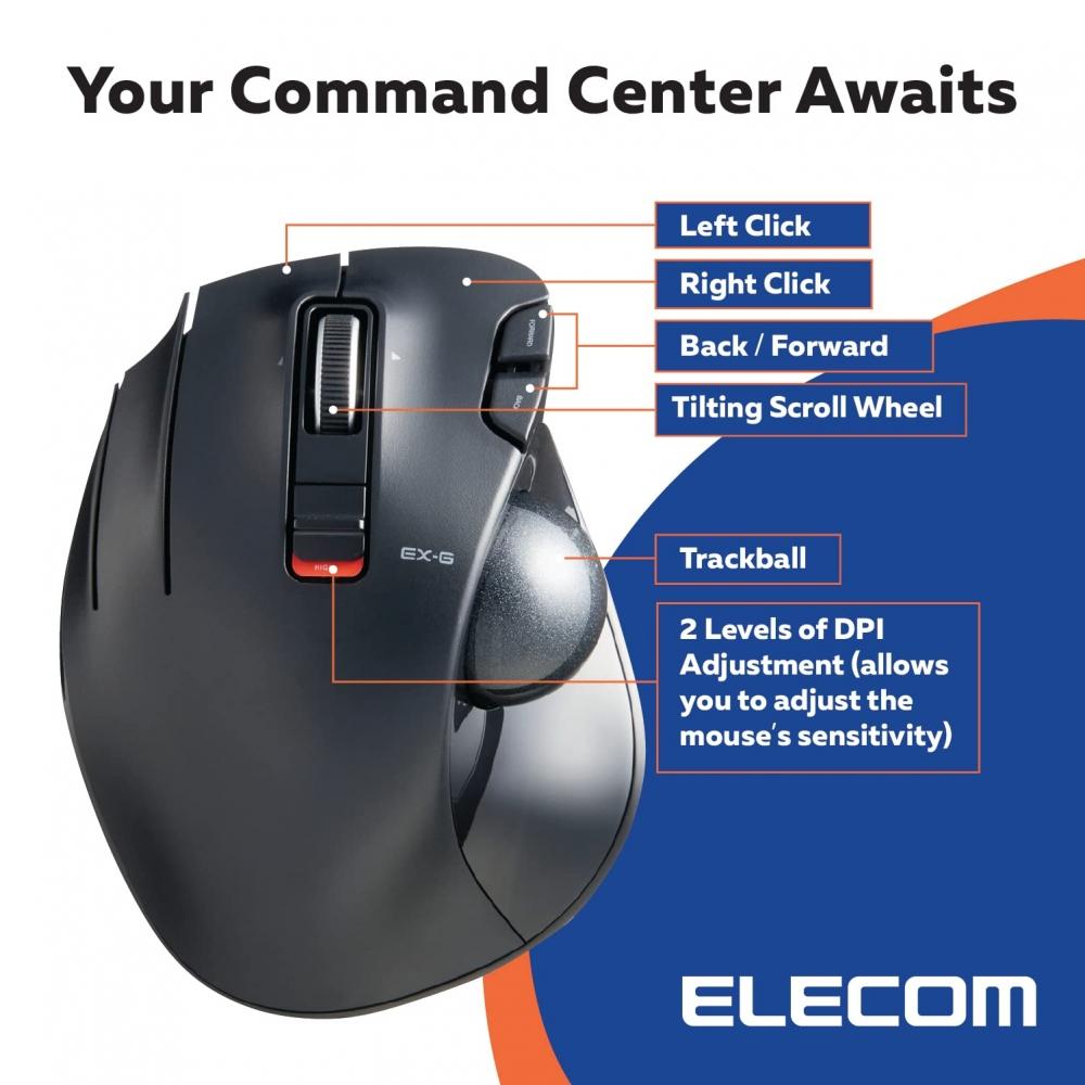 Elecom Maus Kabellos (Empfänger im Lieferumfang enthalten) Trackball Linksseitig 6 Tasten Schwarz M-XT4DRBK