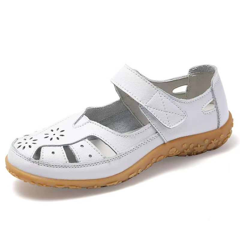 Women's Summer Baotou Hollow Out Flat Sole Sandals Soft Sole Non Slip Lightweight Breathable Cave Shoe Velcro Elderly Sandals