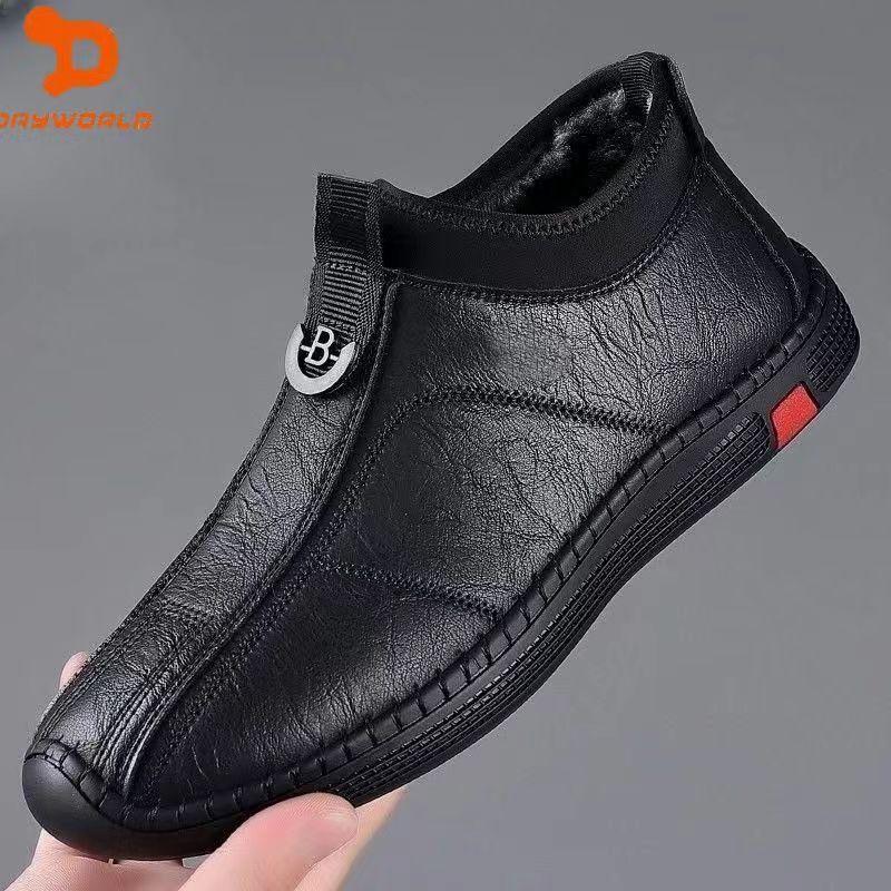 Fashion Men's Casual Leather Shoes Lightweight Non-Slip Soft Bottom Slip-On Fleece Lined Warm Driving Slip-On Shoes Breathable Summer