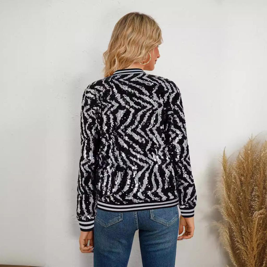 Jarní podzimní dámská bunda Baseballový dres s dlouhým rukávem stříbrné flitry