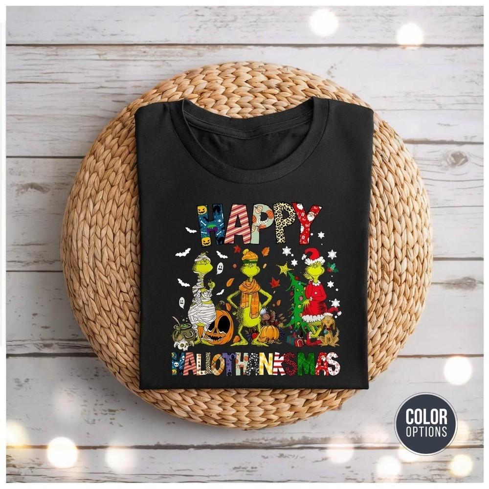Funny Grinch Hallothanksmas T-Shirt, Lalloween Christmas Short Sleeve T-Shirt Unisex T-Shirt L
