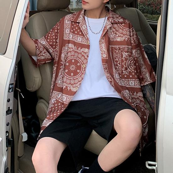 Women Shirt Lapel Short Sleeve Printing Shirt Tops Loose Fit Buttons Placket Casual Beach Vacation Tops