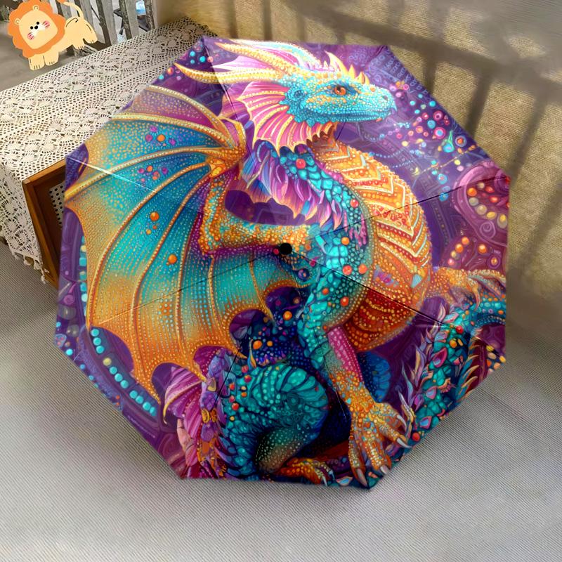 Dragon with Colorful Wings pattern, automatic folding umbrella, portable and foldable design, 8 ribs, a Christmas or birthday gift.