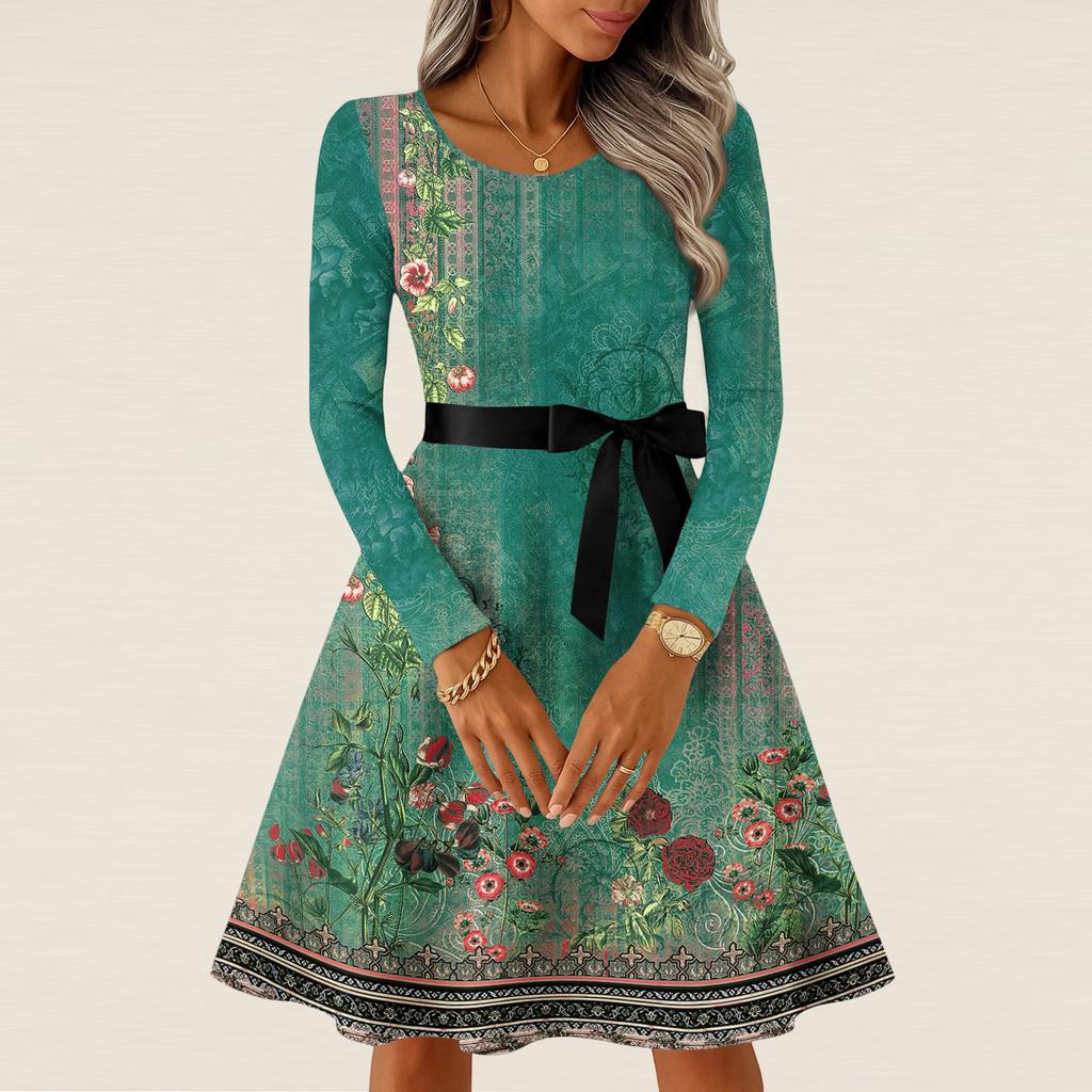 Women's Casual Fashion Long Sleeve  Vintage Long Dresses