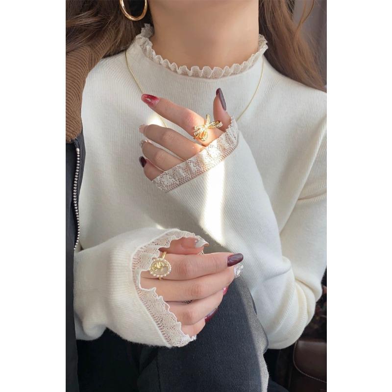 

Женский облегающий свитер с полувысоким воротником, осенне-зимний, новый, для ношения под низ, с кружевным топом, вязаный свитер One size fits all [recommended 80-60kg] белый