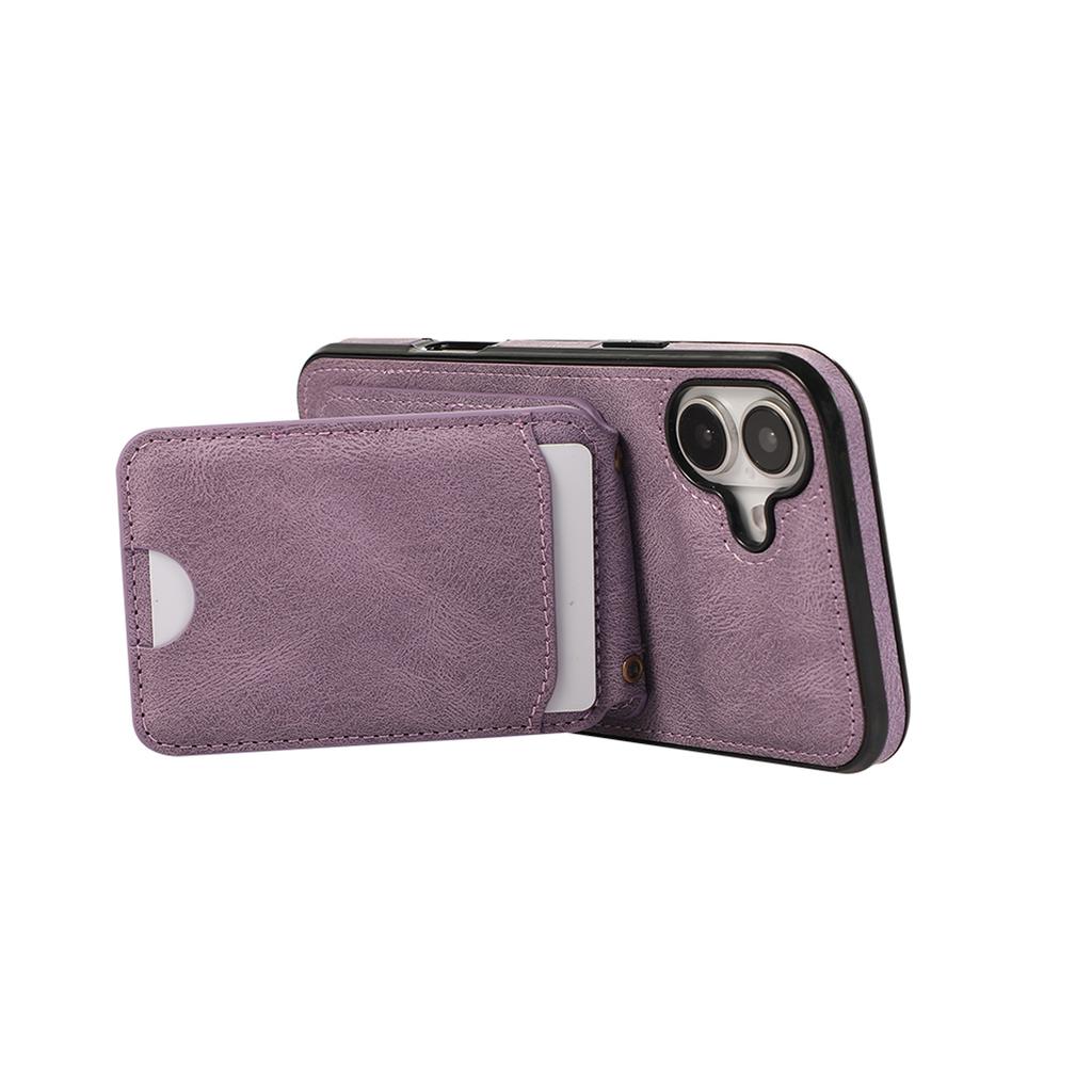 For iPhone 16 Case Card Holder Kickstand Leather+TPU Phone Cover with Shoulder Strap