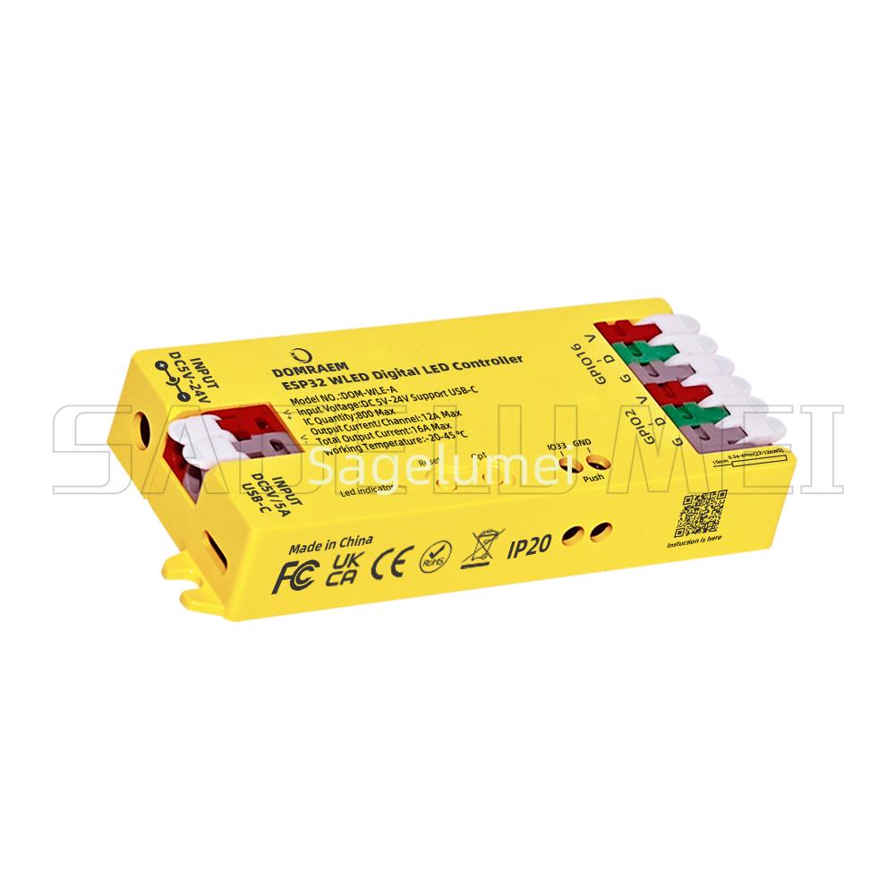 

DOM-WLE-A ESP32 Цифровой светодиодный контроллер RGB IC DIY Приложение Управление умным домом Работает с поддержкой WS2811/12/12B/14/05 Sk6812 Лента