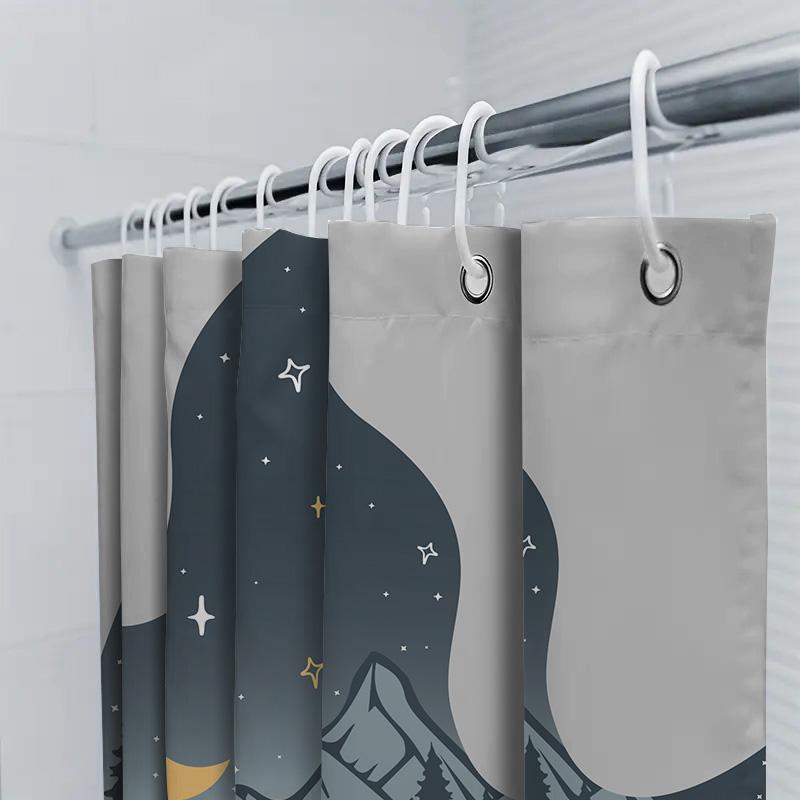 Outdoor Camping Shower Curtain Moon Stars Forest Tents Print Bath Decor Waterproof Fabric Decoration
