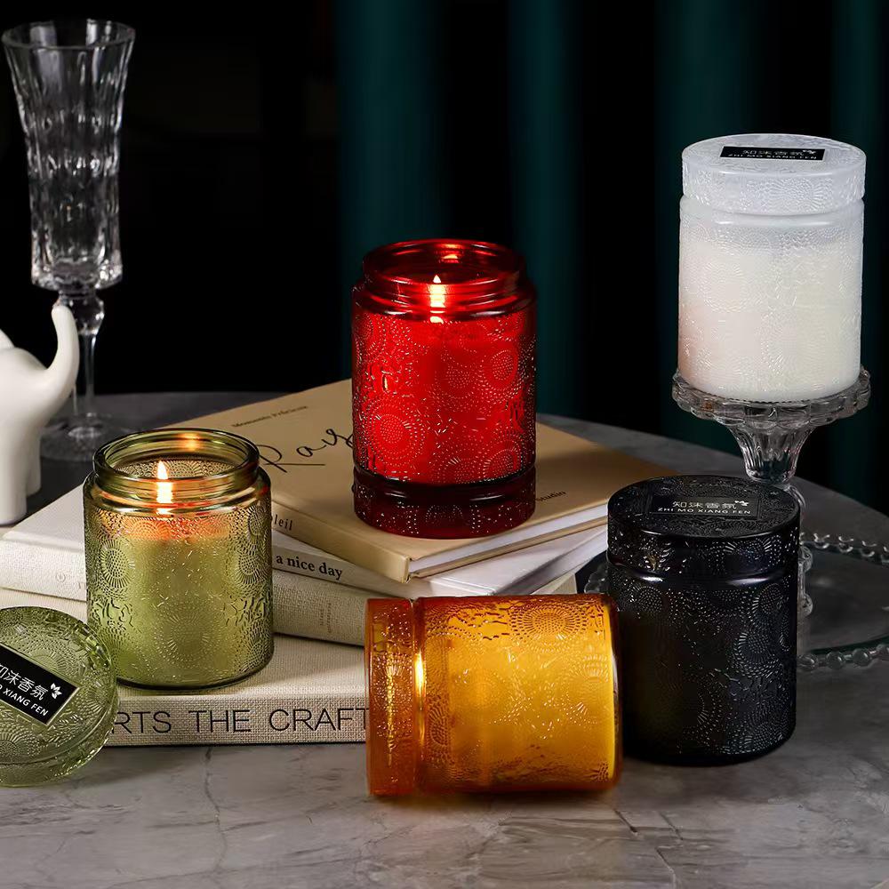Fauvist Embossed Glass Candle Cup with Lid - DIY Soy Wax Aroma Diffuser