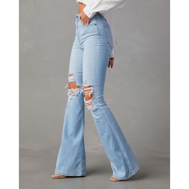 Primavera verão calças jeans femininas cintura alta buraco rua tempero queimado calças compridas