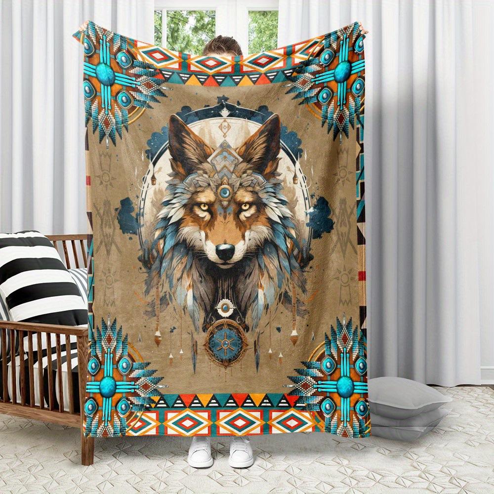 Indian totem wolf pattern digital-printed polyester Bedroom velvet flannel cover blanket Fleece soft cover blankets for beds