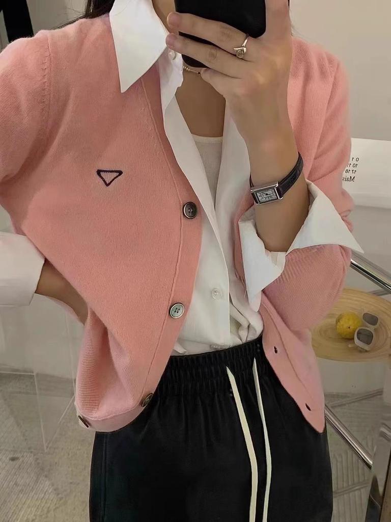 European V-Neck 100% Wool Knit Cardigan - Women's Autumn/Winter Embroidered Long Sleeve Sweater