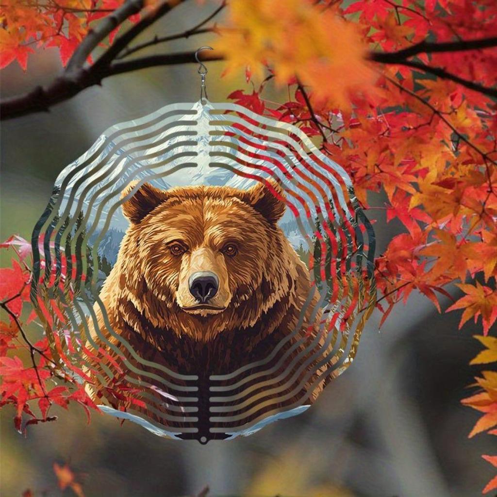 Metal Wind Chime with Rotating Brown Bear Design Outdoor Garden Decor Soothing Wind Powered Sound No Batteries Needed Handcrafted Gift