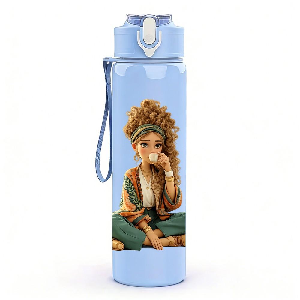 1PC Little Boy Sitting With Potted Plant Print 750ml Color Plastic Sports Water Bottle Leakproof Flip Straw Lid Suitable for Sports Office Home Use