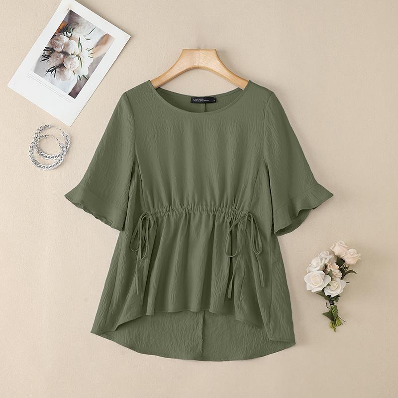 ZANZEA Women Casual Round Neck Loose Drawstring Waist Half Sleeve Blouse