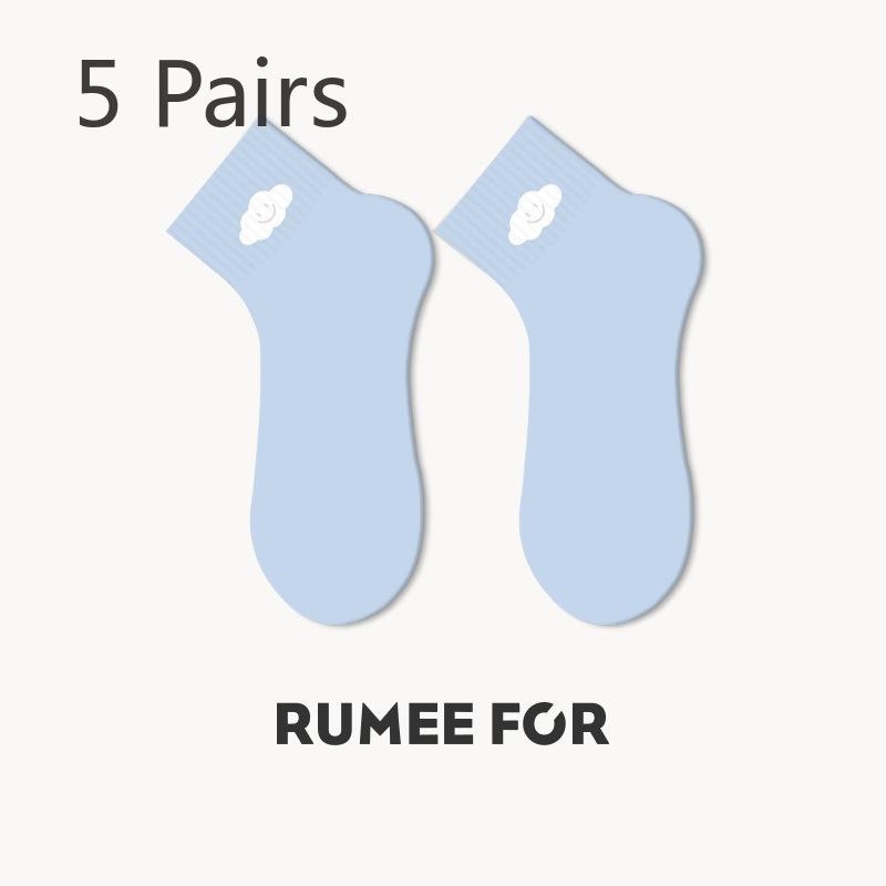 5 Pairs of Cute Cartoon Embroidered Breathable Short Cotton Socks for Women In Spring and Summer