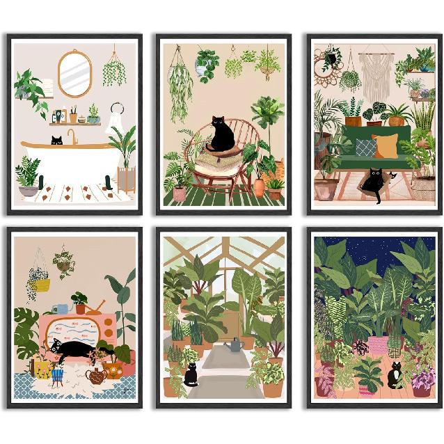 PPV 6Pcs Green Plants Black Cat Poster Wall Art Classic Vintage Botanical Cat Posters Retro Decor Abstract Canvas Aesthetic Painting for Living Room