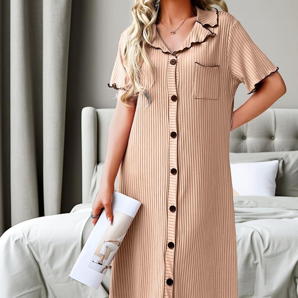 26QH Women's Lapel Short Sleeve Summer Nightgown - Loose, Sexy Pajama Dress for Spring & Autumn