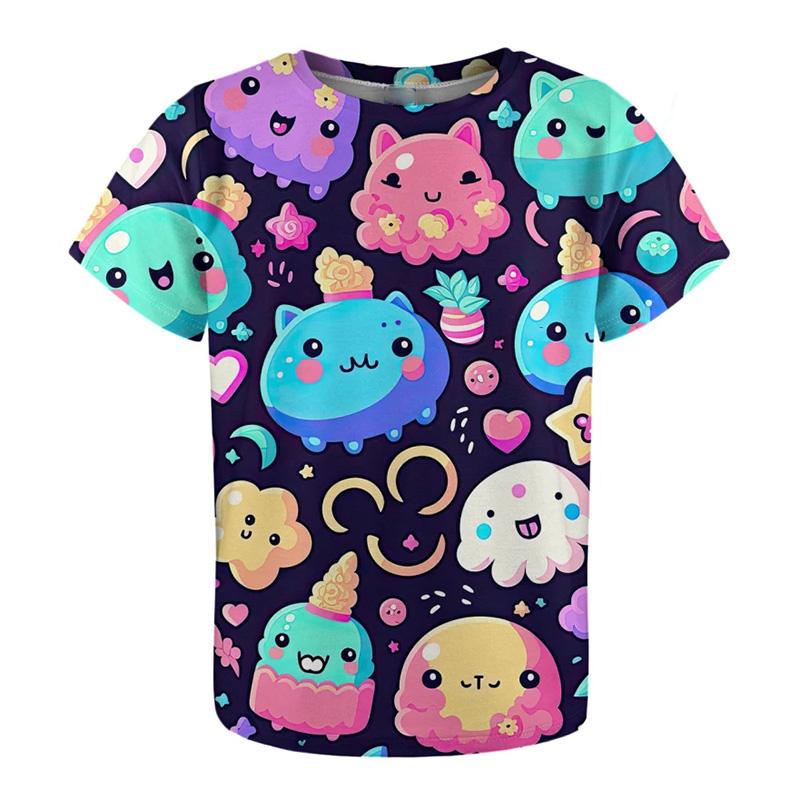 Children's Cartoon Style Cat Dog T-shirt Full Sublimation Cute Animal Pattern T Shirts Summer Short Sleeve Fashion Casual Top