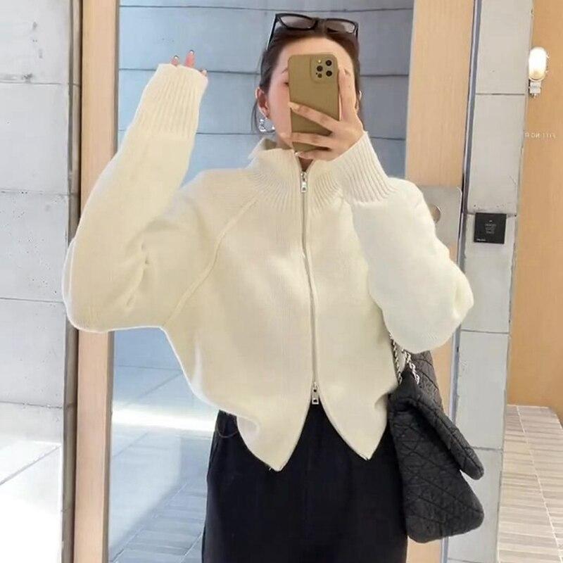 

Кардиган с высоким воротником, женский маленький короткий свитер с двойной молнией и длинным рукавом, однотонный осенне-зимний вязаный кардиган, свитер One Size белый