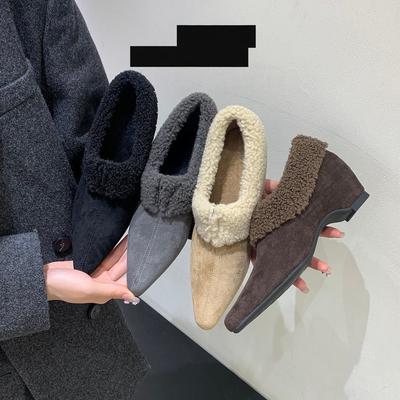 Inner Height Increase Gray Pointed Retro Fluffy Shoes Season Single Shoes Plush Warm Cotton Shoes