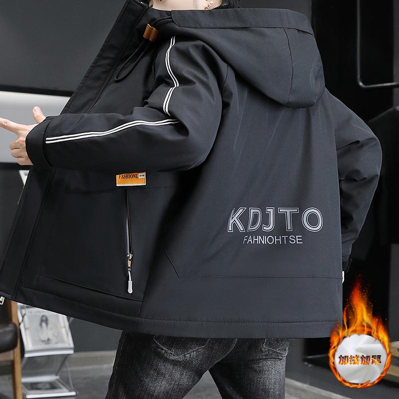 Tooling jacket men's autumn and winter fleece thickened handsome hooded jacket trendy windproof casual teen pie overcome