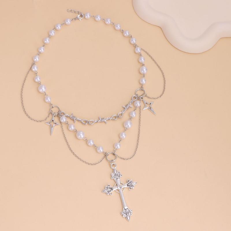 Y2k Spicy Girl Fashion Imitation Pearl Tassel Cross Necklace
