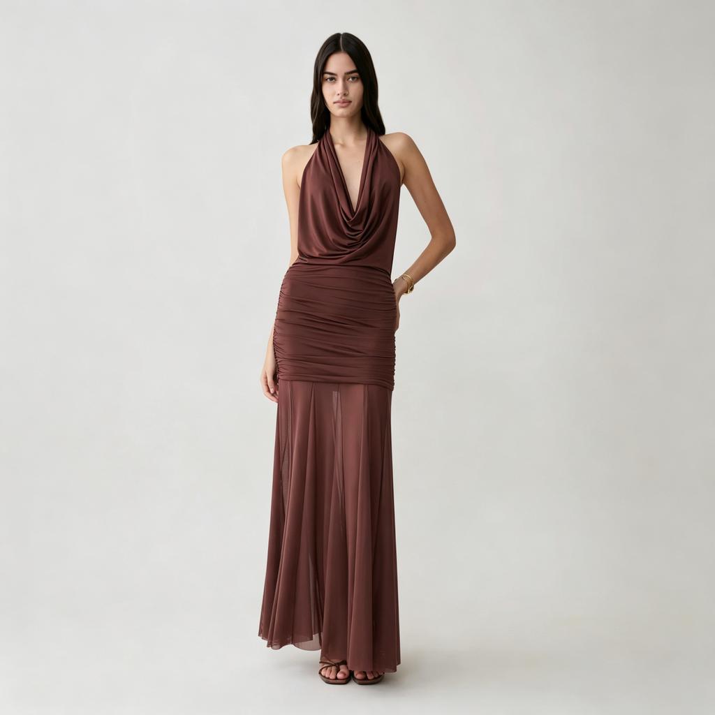 Women's clothing fashion design backless swing neck hip skirt mesh stitching pleated European and American style neck dress