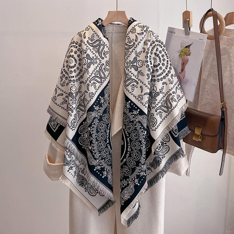 Luxury Winter Cashmere Scarf For Women - Retro Printed Shawl With Tassels, Warm Pashmina Wrap & Bandana Poncho