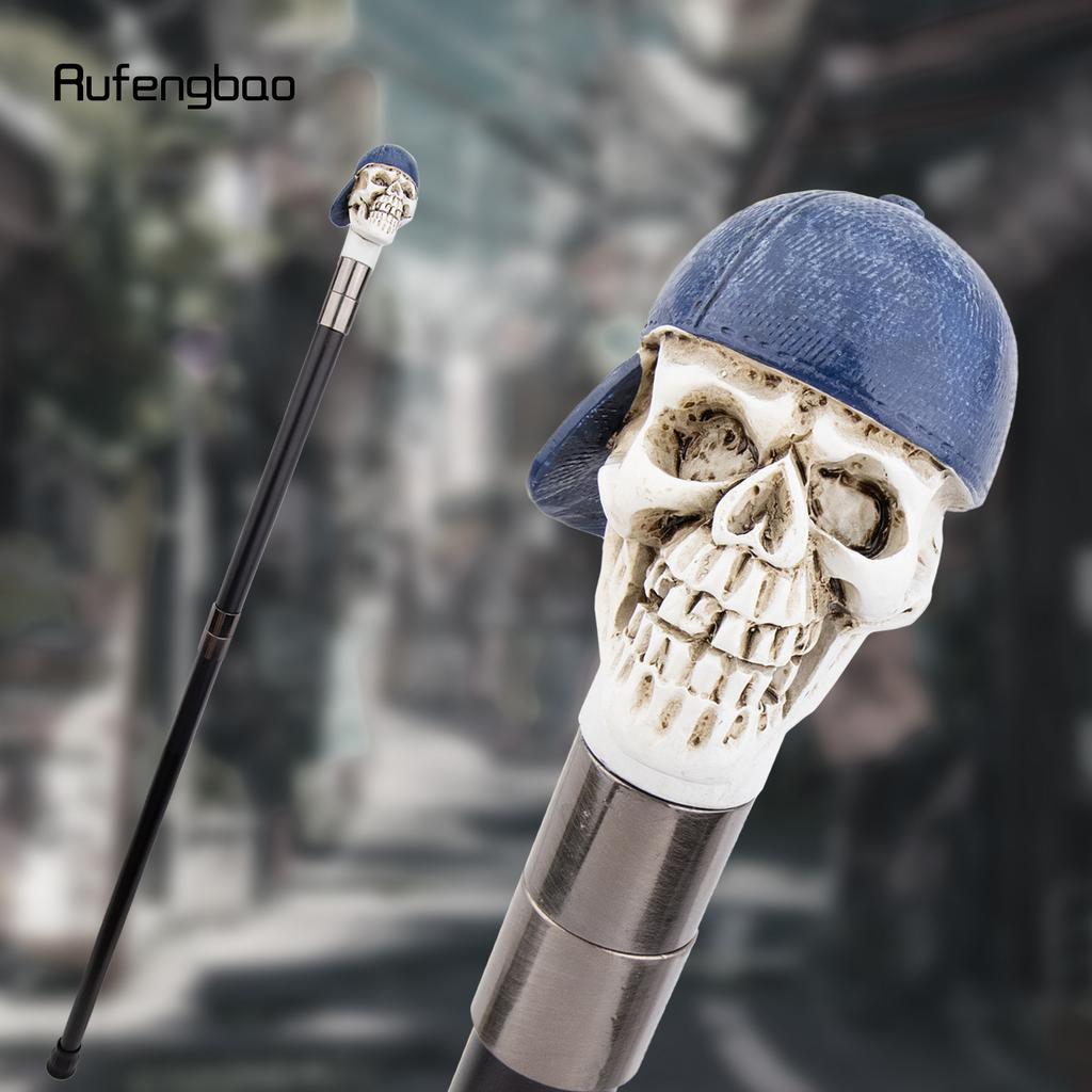 Blue Hat Resin White Skull Head Walking Cane Fashion Decorative Steel Stick Gentleman Elegant Cosplay Cane Knob Crosier 94cm