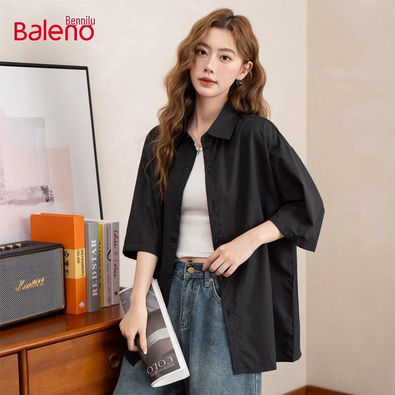 Baleno Women s Solid Lapel Short Sleeve Shirt L чёрный