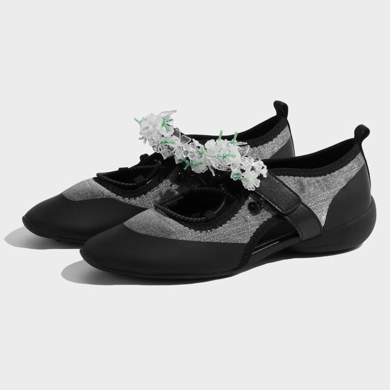 Fashion Fashion Crystal String Bead Flower Decoration Ballet Flats Women Cozy Round Toe Patchwork Design Mary Jane Shoes Outdoor Sneaker
