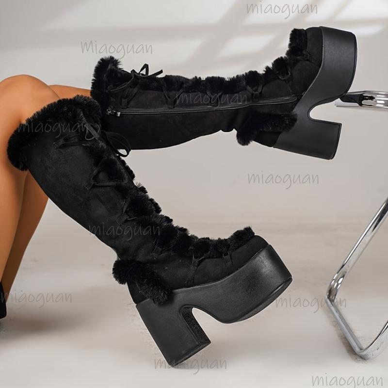 Platformowe Futrzane Buty Damskie Styl Gotycki Jesień Zima Khaki Wysokie do Kolan Gruba Podeszwa Buty Punkowe Moda Damska Rozmiar 36-43