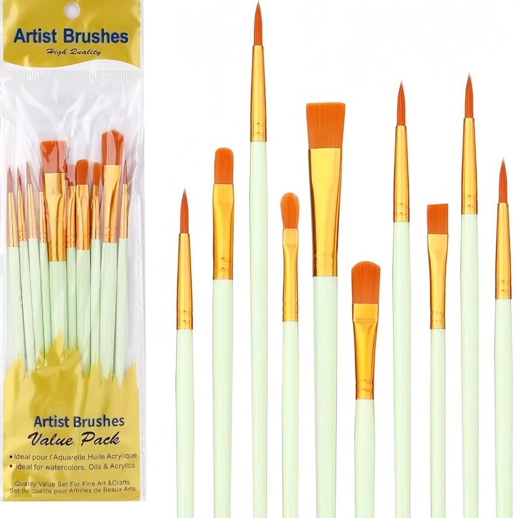 Children's Paintbrush Set: 10-Piece Long Handle Nylon Brushes for Oil, Acrylic, and Watercolor Painting.