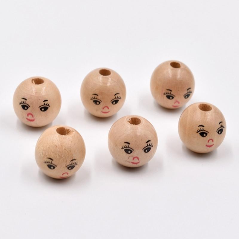 20Pcs/set Wooden Doll Head Beads for DIY Jewelry Making and Crafts Cute Smiling Face Loose Beads Wood Round Spacers