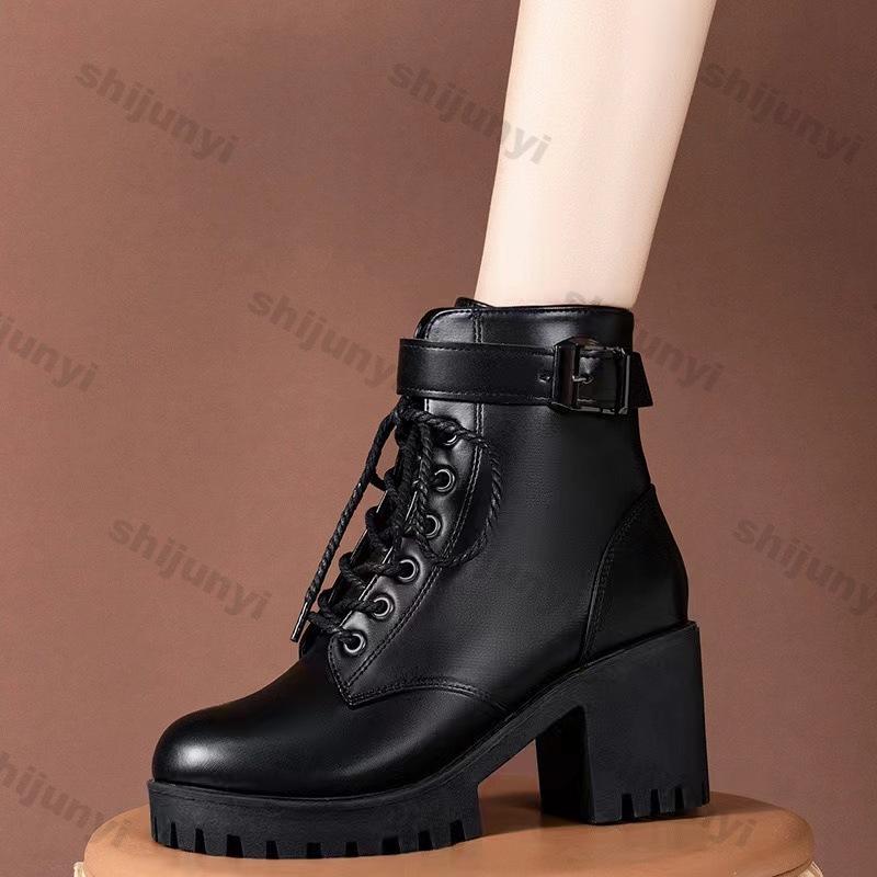 Mode Damen Schnürstiefeletten Damen Wintermode Schnallenriemen Plateau Kampfstiefel Kurzstiefel Frau Dickes Plüsch PU-Leder Botas Mujer
