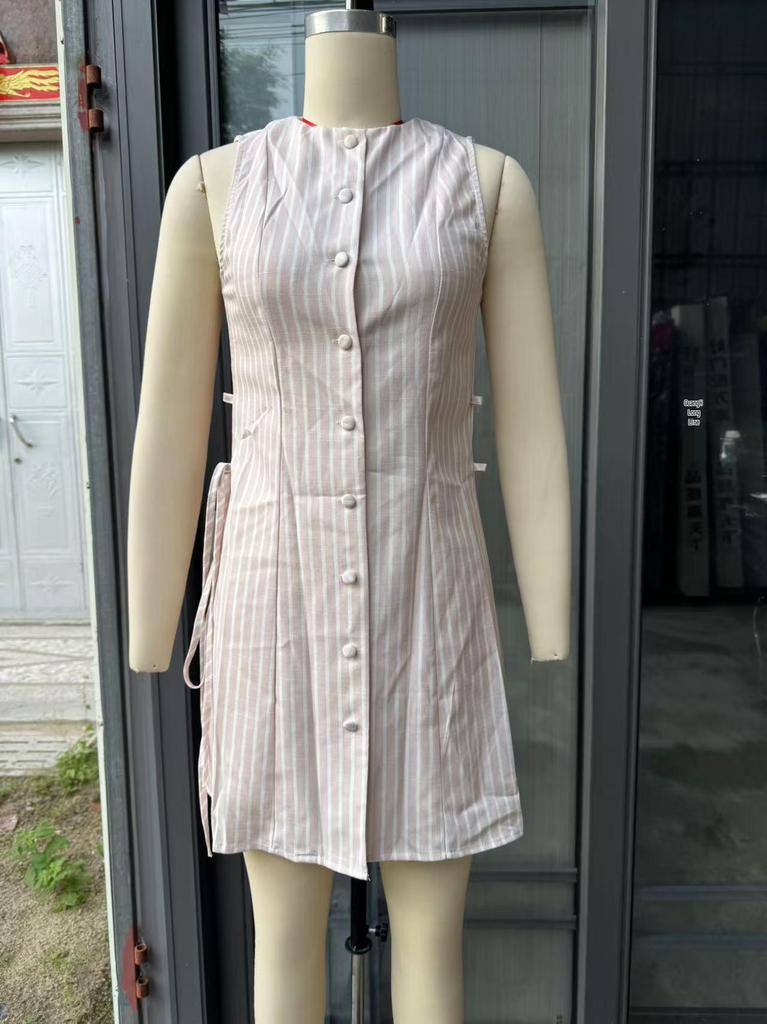 In Stock: 2025 Summer Women's Solid Color Button Tie Waist Short Skirt Dress