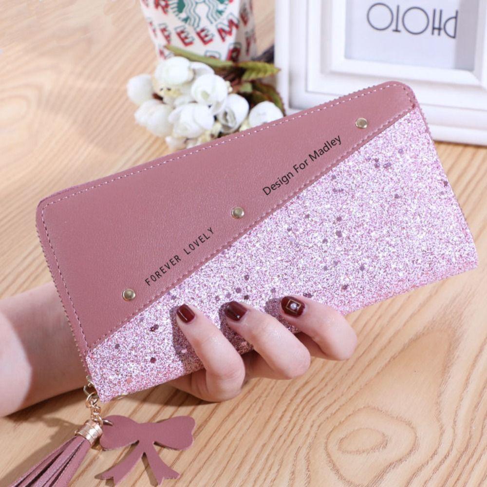 

Shiny Woman Clutch Wallet Tassel Pendant Square Card Bag Zipper Women Long Purse Female чорний