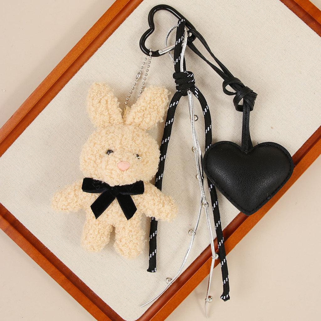Miu Plush Bunny Bag Charm With Leather Heart Keychain For Cute Handbag Decor