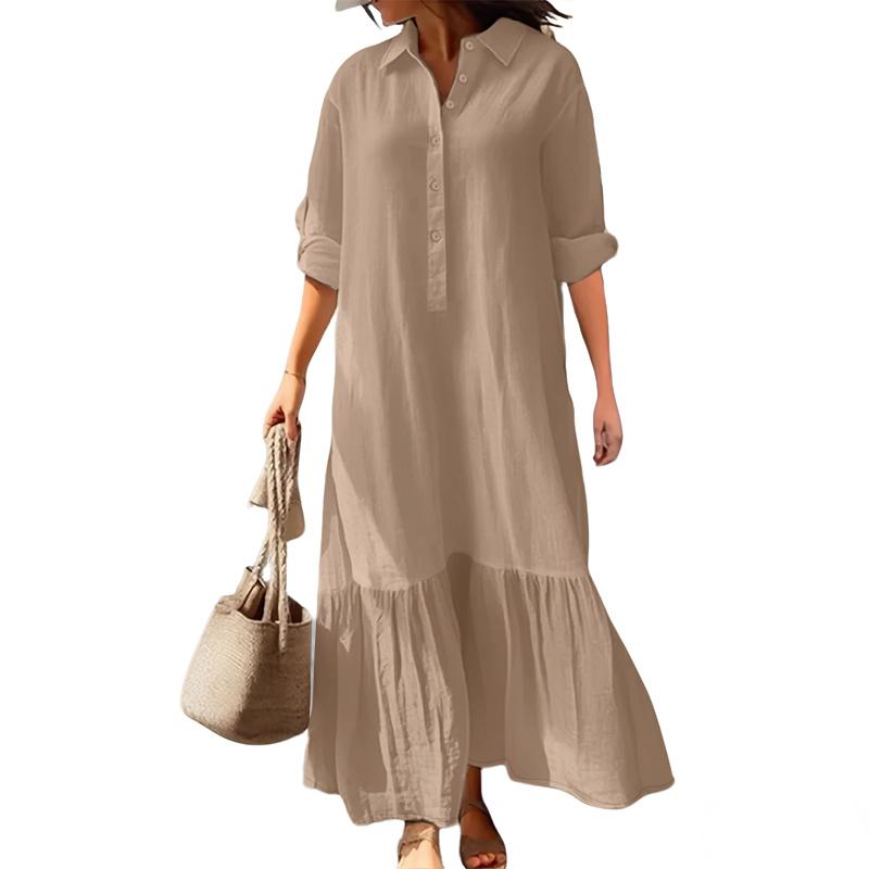 ZANZEA Women Casual Turn Down Collar Solid Color Long Sleeve Dress