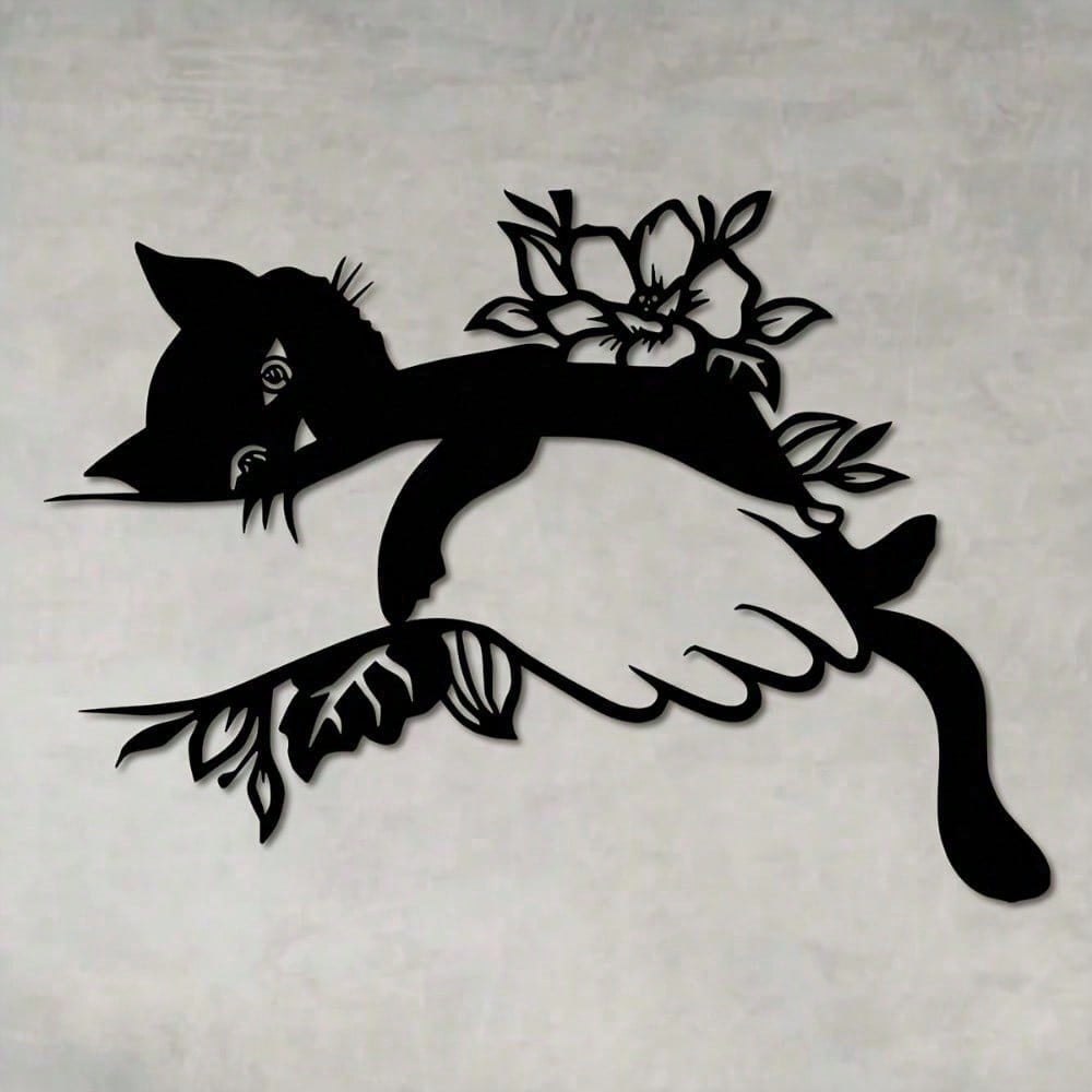 Art Deco Iron Wall Art with Cat and Floral Motif Indoor Outdoor Rust Proof Decor
