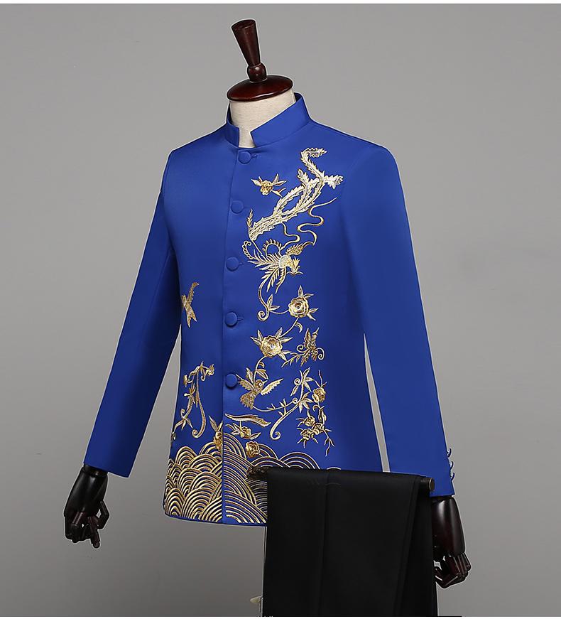 Men's Blue & White Porcelain Zhongshan Suit with Stand-up Collar & Embroidery for Performances