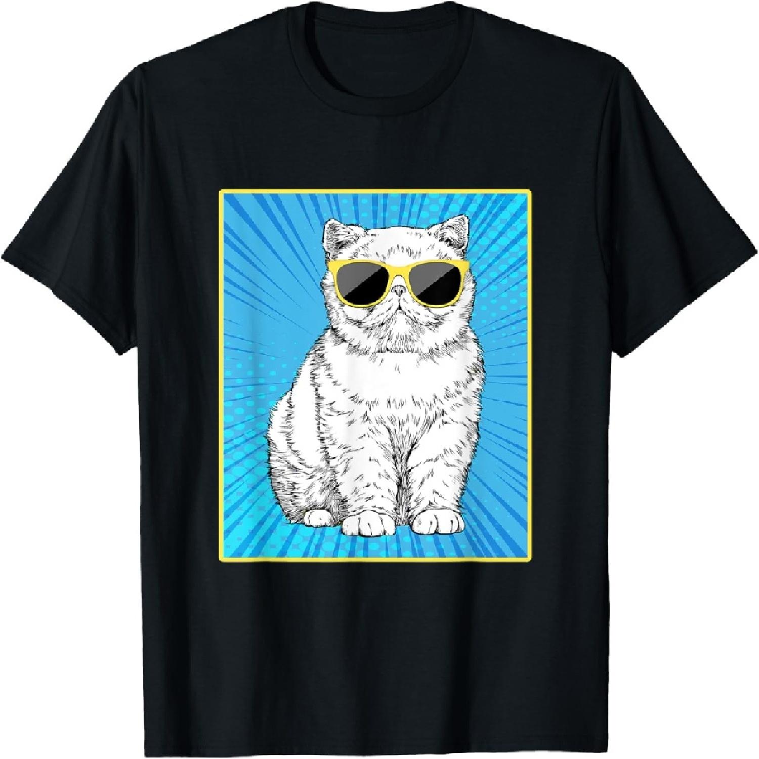 Exotic Shorthair Cat Portrait Pop Art Cat with Sunglasses T-Shirt S