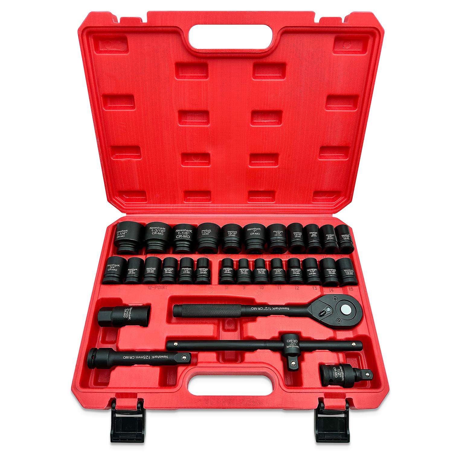 

Набор ударных головок 1/2 , Набор из 30 коротких ударных головок, Включает рукоятку-трещотку и ударные удлинители, Автомобильный