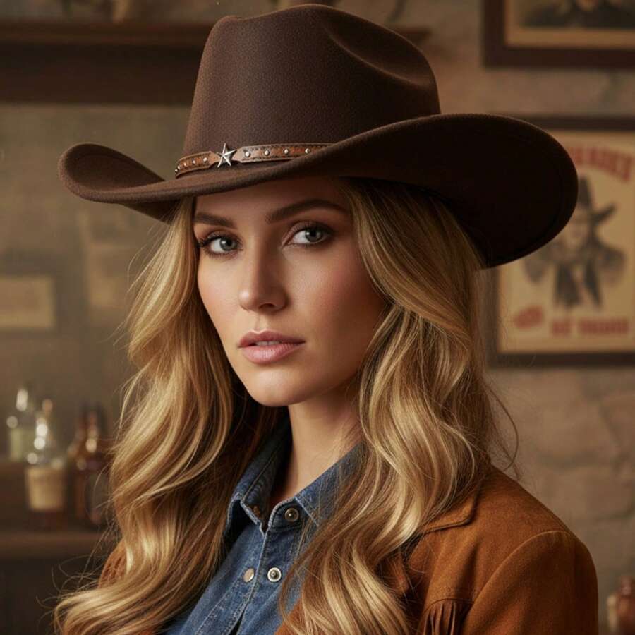 Westlicher Stil Cowgirl Fedora Hut Mit Stern Gürtel Dekoration Breiter Rand Für Frauen Männer Outdoor