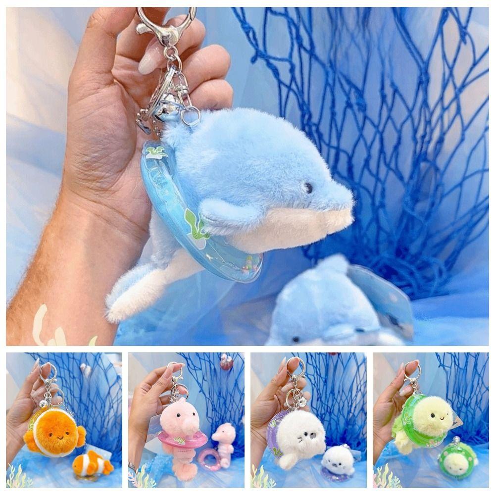 Kawaii Fluffy Sea Turtle Keyring Seahorse Dolphin Plush Doll  Home Decor