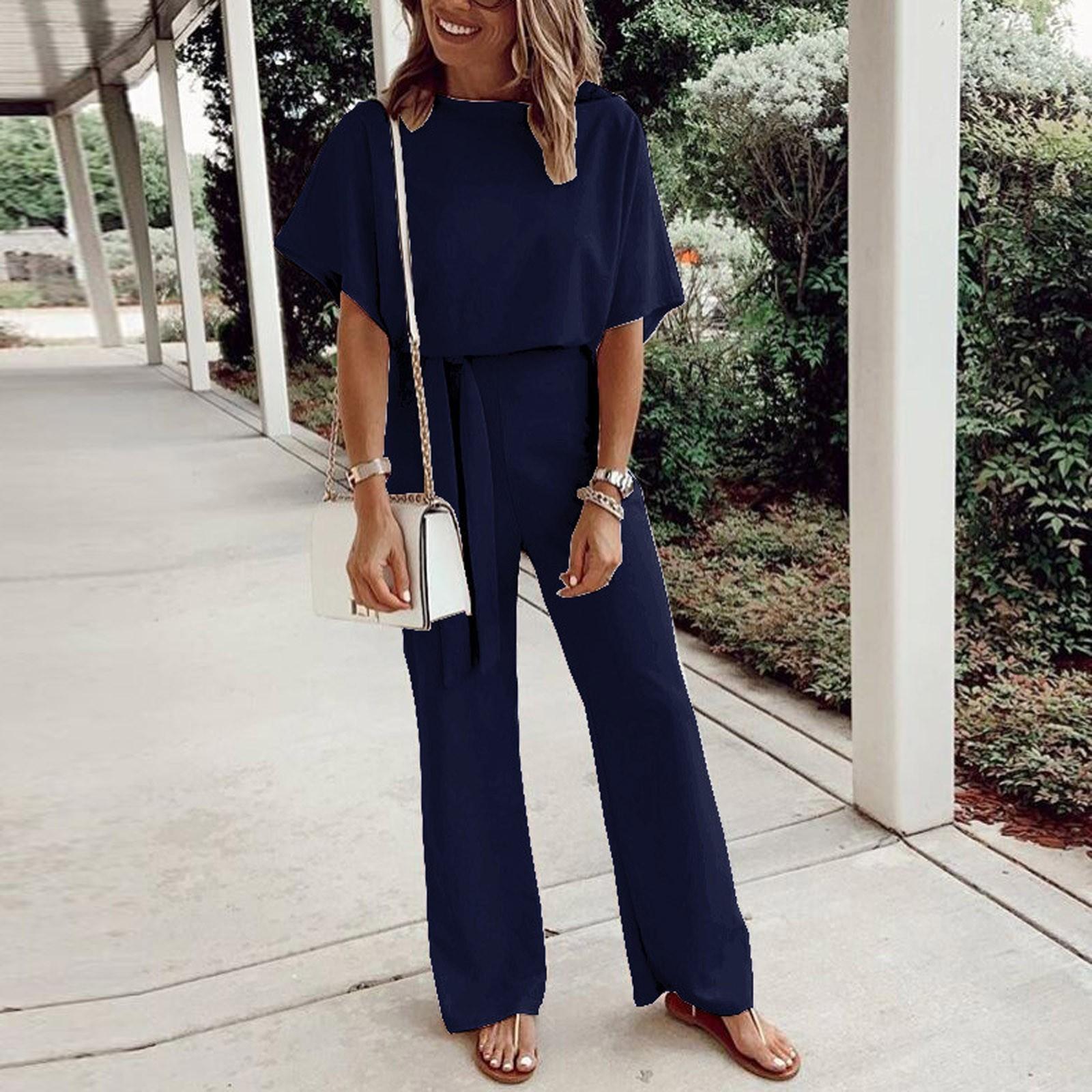 Женский модный однотонный женский комбинезон на шнуровке с короткими рукавами для отдыха XL тёмно-синий