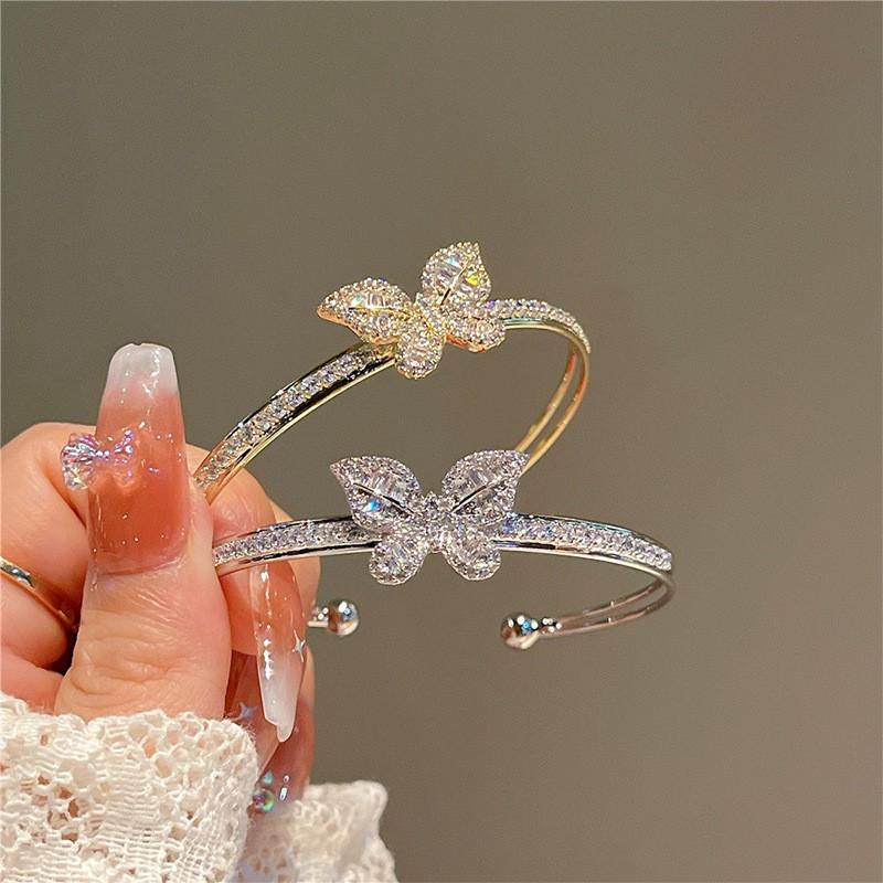 Gold Plated Zircon Butterfly Double Layer Open Cuff Bracelet Women Lightweight Luxury Fashion Jewelry